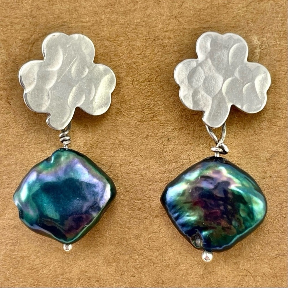 Rare! Genuine Peacock Pearl & Sterling Silver Shamrock Earrings